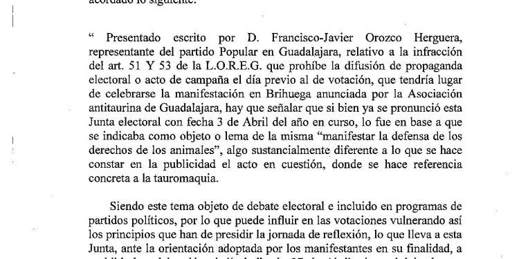 La Junta Electoral de Guadalajara prohíbe la manifestación antitaurina en Brihuega por una denuncia del Partido Popular