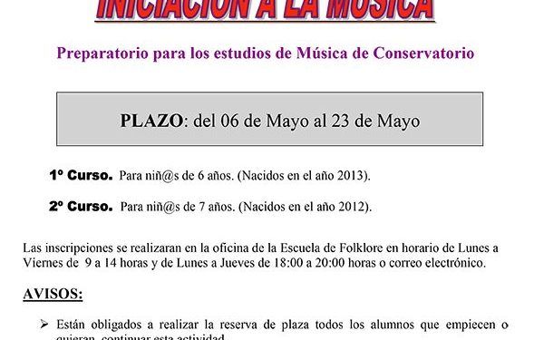 Hasta el próximo 23 está abierto el plazo de reserva de plaza para “Iniciación a la Música” de la Escuela de Folklore de la Diputación de Guadalajara (Conservatorio)