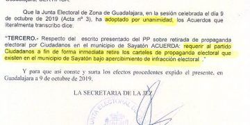 La Junta Electoral requiere a Ciudadanos la “retirada inmediata” de carteles de propaganda electoral en Sayatón bajo apercibimiento de infracción electoral