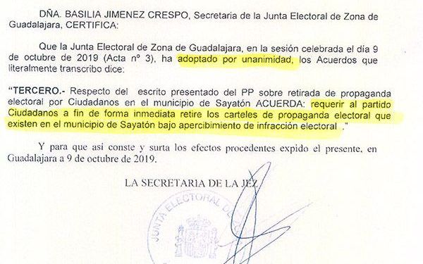 La Junta Electoral requiere a Ciudadanos la “retirada inmediata” de carteles de propaganda electoral en Sayatón bajo apercibimiento de infracción electoral