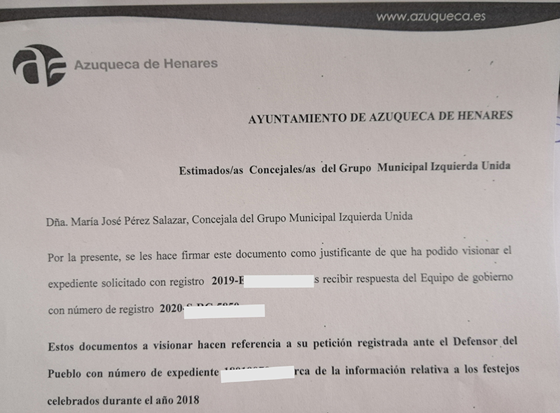 El Defensor del Pueblo da la razón a IU Azuqueca Blanco no les da suficiente información