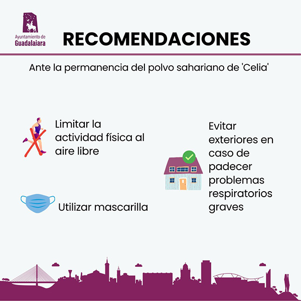 El Ayuntamiento de Guadalajara recomienda limitar la actividad exterior y el uso de mascarilla durante este miércoles ante la permanencia del manto sahariano
