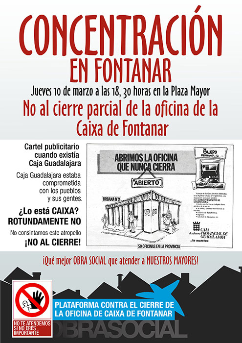 Este jueves habrá concentración a las 18,30 horas en la Plaza Mayor de Fontanar contra el cierre de la oficina de la Caixa