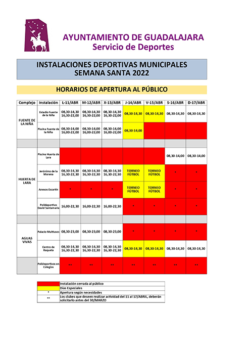 Los horarios de apertura al público de las instalaciones deportivas municipales de Guadalajara cambian durante los días de Semana Santa