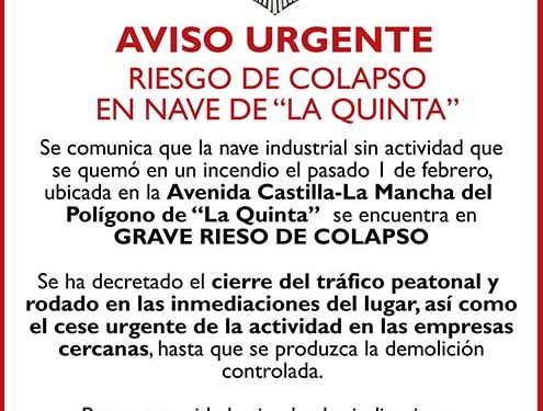 El alcalde de Cabanillas decreta medidas de emergencia ante el riesgo de colapso de una nave industrial del Polígono La Quinta El alcalde de Cabanillas decreta medidas de emergencia ante el riesgo de colapso de una nave industrial del Polígono La Quinta