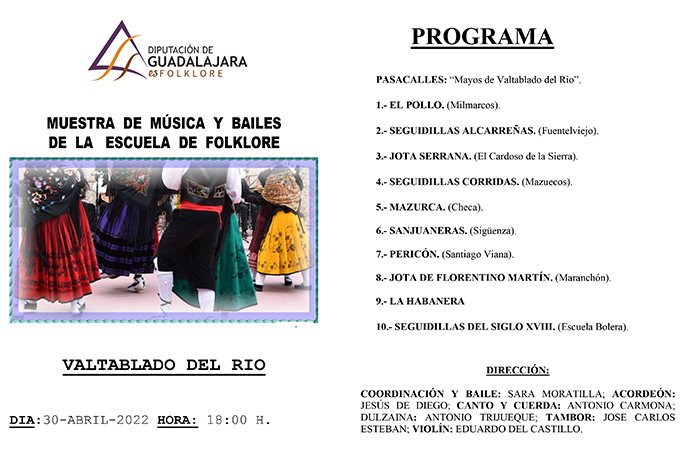 Muestra de música y bailes de la Escuela de Folklore de la Diputación de Guadalajara el sábado 30 en Valtablado del Río