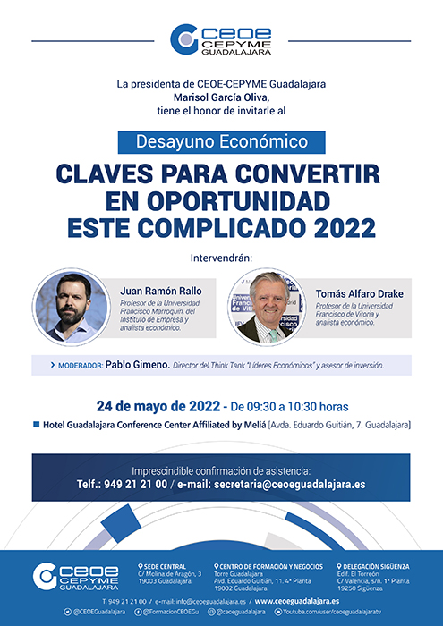 CEOE-Cepyme Guadalajara organiza un nuevo desayuno económico con las “Claves para convertir en oportunidad este complicado 2022”