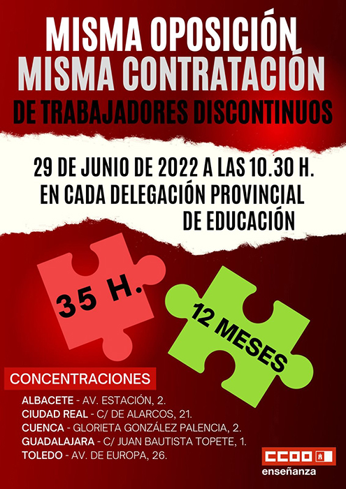 CCOO-Enseñanza convoca concentraciones en toda CLM contra la precariedad de 850 Laborales de Educación, que van al paro pasado mañana