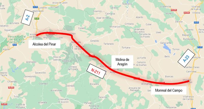 Mitma adjudica el contrato para redactar el estudio informativo de mejora del itinerario de la N-211 entre Alcolea del Pinar (A-2) y Monreal del Campo (A-23)