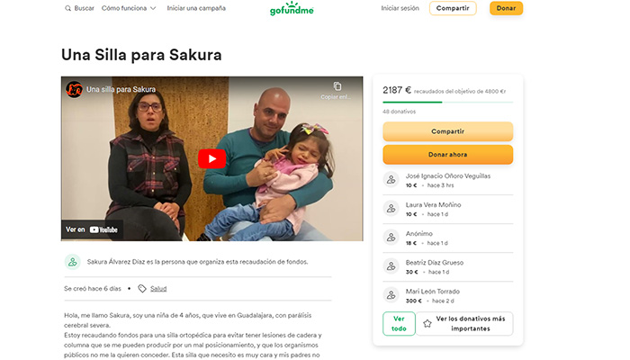 Lanzan un crowdfunding para que una menor de Guadalajara que padece parálisis cerebral pueda acceder a una silla ortopédica