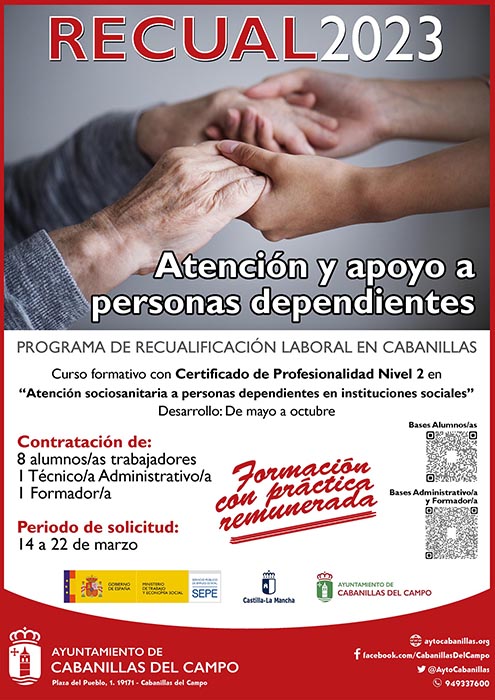 Cabanillas convoca nueva edición del programa regional «Recual», sobre atención a la dependencia, y con 8 plazas para alumnos y alumnas trabajadores