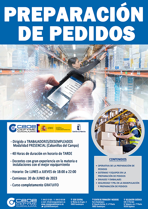 Abierto el plazo de inscripción para el curso gratuito preparación de pedidos de CEOE-Cepyme Guadalajara