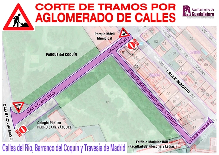 Cortes de tráfico por trabajos en la calle del Río, calle Barranco del Coquín y travesía de Madrid