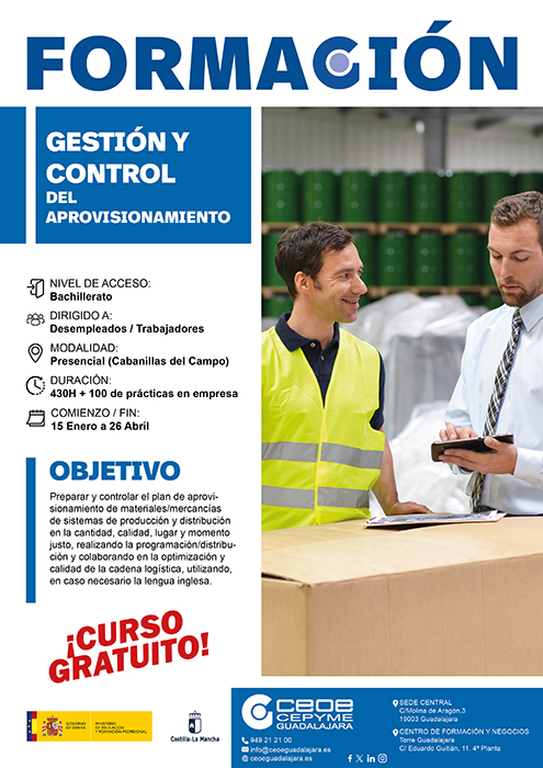 Abierto el plazo de inscripción para el certificado de profesionalidad gratuito de gestión y control del aprovisionamiento de CEOE-Cepyme Guadalajara